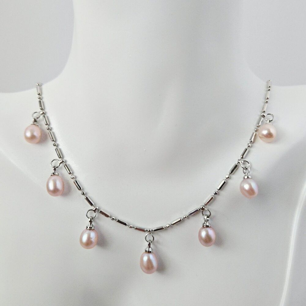 Pink Freshwater Pearl Teardrop Drop Necklace 16" Silver Alloy Chain Adjustable